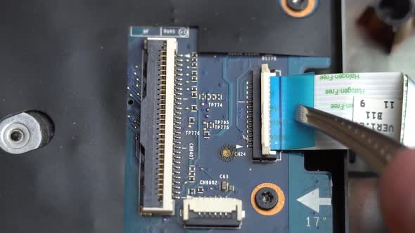 Connecting a Ribbon Cable to the Laptop Motherboard with Tweezers Laptop Repair in a Service Center