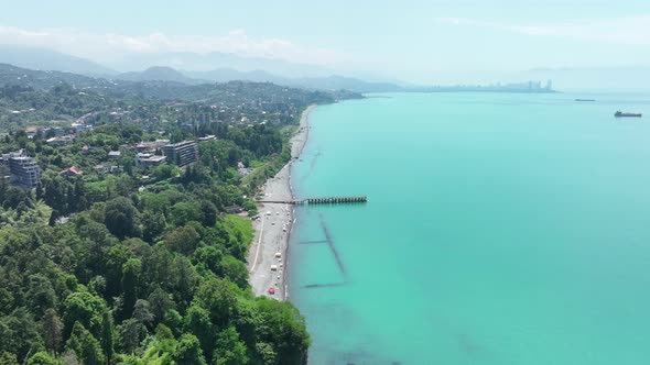 Aerial view of the Black sea coast. The Botanical Garden of Batumi, located at area of Green Cape