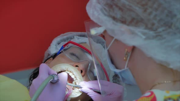 Woman Dentist Treating Teeth To Woman Patient in Clinic. Female Professional Doctor Stomatologist at