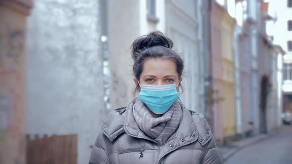 Woman in City Street Wearing Face Mask Protective, Virus SARS-CoV-2