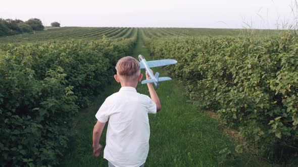 Schoolboy Playing with a Plane Toy in the Summer Field