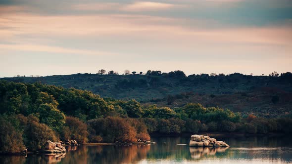 Evening Lake Landscape in Portugal. Timelapse