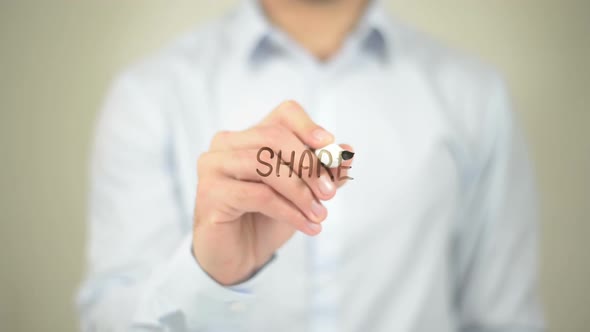 Share, Businessman Writing on Transparent Screen