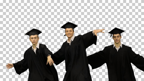 Three male graduates in robes and mortarboards, Alpha Channel