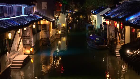 Illuminated Zhouzhuang Water Town at Night, Jiangsu, China