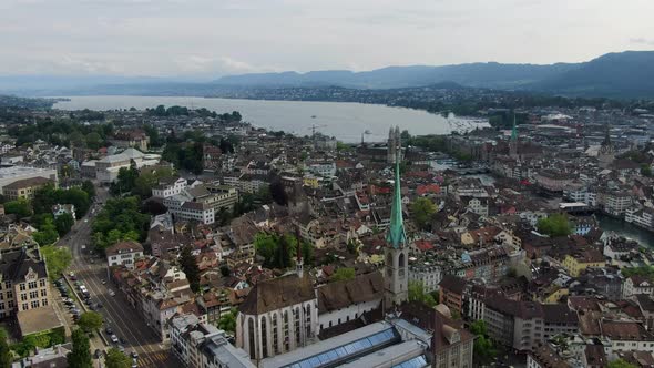 Drone view of Predigerkirche church and Zurich central library, Switzerland