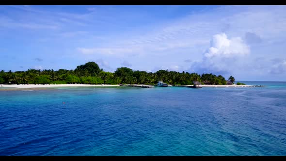 Aerial flying over panorama of idyllic sea view beach voyage by clear ocean with white sandy backgro