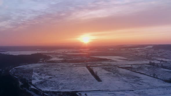 The Cold Winter Sun in the Blue Sunset in the Evening of February