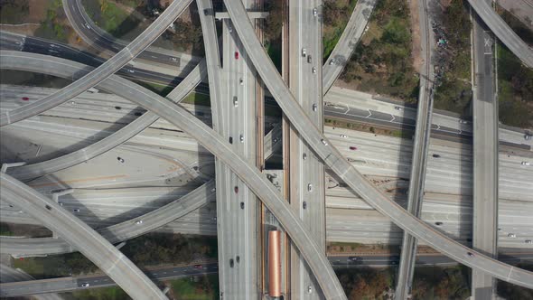 AERIAL: Spectacular Overhead Follow Shot of Judge Pregerson Highway Showing Multiple Roads, Bridges