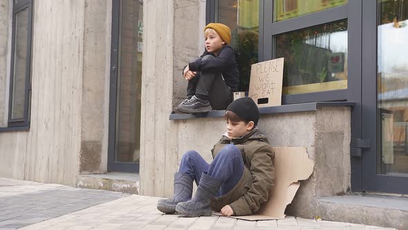 Two Poor Street Boys Need Help Asking Help Food Donation From Strangers Street Big City Begging