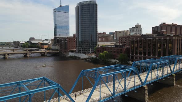 Grand Rapids, Michigan blue bridge and skyline drone video.