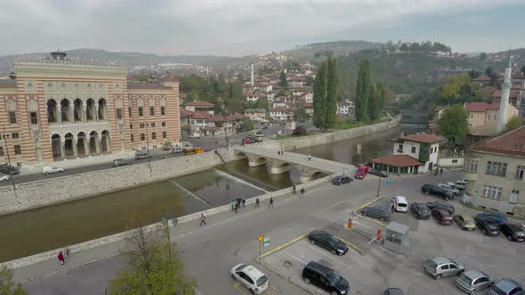 Aerial of the City Hall and Miljacka River