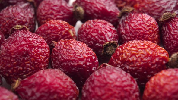 Dried rosehip macro shot. A bunch of red useful medicinal rose hips 