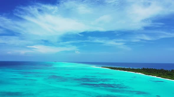 Aerial tourism of beautiful lagoon beach time by transparent ocean and white sand background of jour
