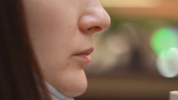 Woman Brings Cup To Mouth Takes Off Mask Drinks Puts Mask Back Precautions