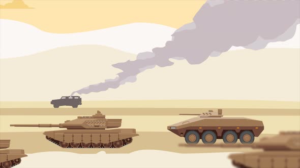 Burning Car And Tanks In Desert 4K