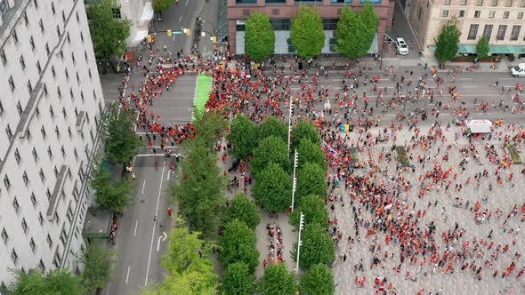 Protesters Gather in the Streets of Vancouver to Cancel Canada Day, Drone overhead viewing forward i