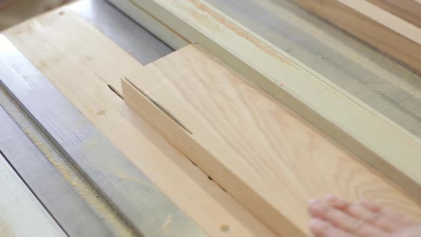 Carpenter Sawing Plank on a Saw Circulation in Workshop