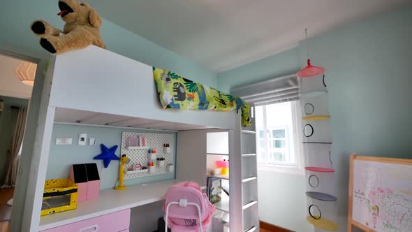 Cute Bedroom Decoration With Stylish Bunk Bed and Study Corner For Children