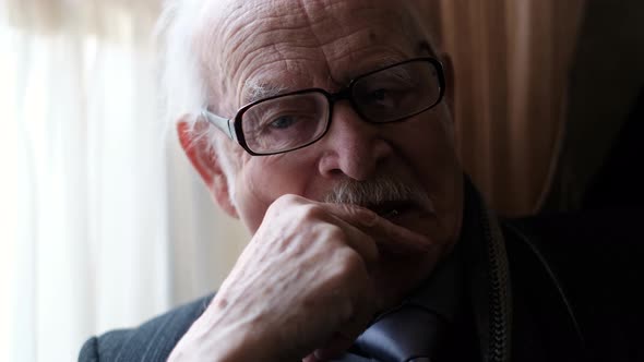 Portrait of Upset Grandfather Old Retired Man Depressed Headache in Elderly Man