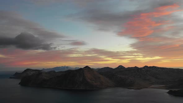 Aerial view of Dutch Harbour at sunset, Unalaska, Alaska, United States.