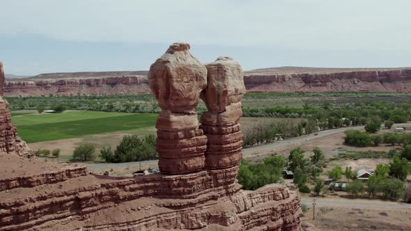 Unique Twin Duo Rock Formation in Southwest Utah Desert Town of Bluff, Utah - Aerial