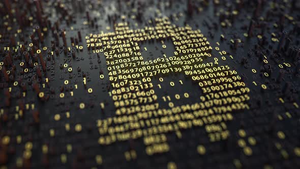 Glitch Noise on Bitcoin BTC Symbol Made of Numbers alt