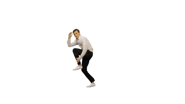 Excited Office Worker Break Dancing Alone on White Background