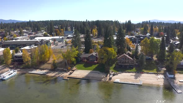 Aerial of the fancy houses along the McCall shoreline.