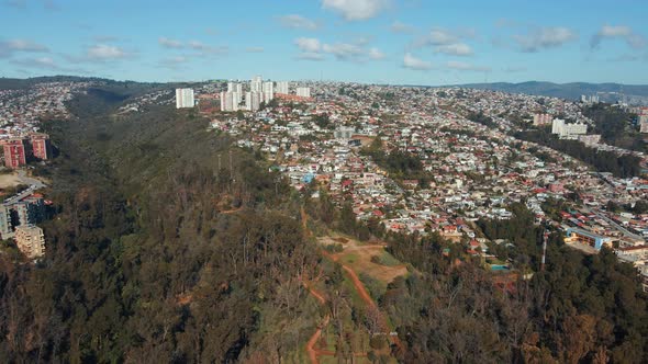 Aerial dolly out of Viña del Mar hillside city buildings and Quinta Vergara Park with autumnal tree