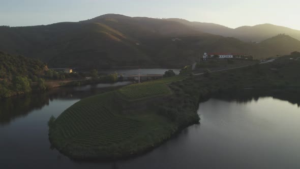 Quinta do Tedo drone view of s shape bend river in Douro wine region, in Portugal