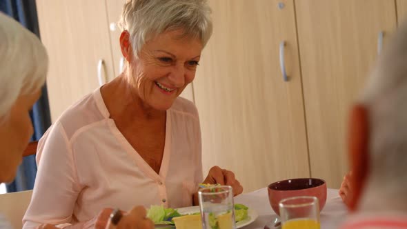 Happy senior woman having meal with his friends