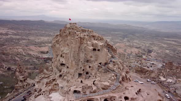 Filming top of uchisar castle in cappadocia region turkey