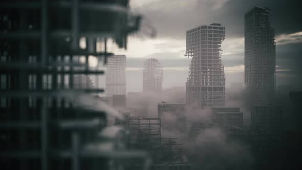 Ruined City From War. Apocalypse City In Fog