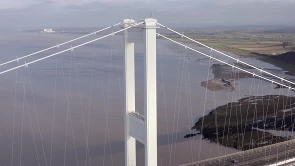 Vehicles Crossing the Severn Bridge Connecting England and Wales Aerial View
