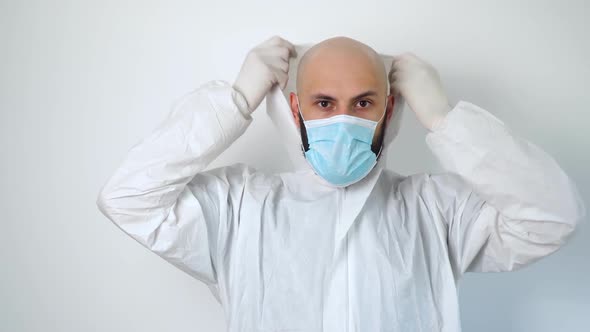 Doctor Puts on a Protective Suit, Virologist in Protective Coverall and Mask Working in Office