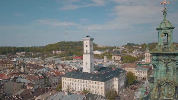 Aerial City Lviv, Ukraine. European City. Popular Areas of the City. Town Hall