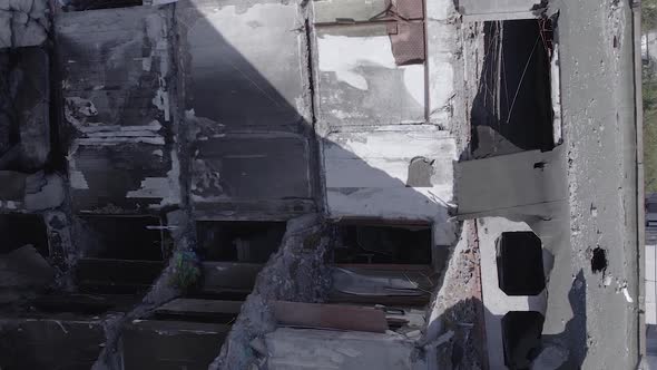 Vertical Video of a Residential Building Destroyed During the War in Ukraine