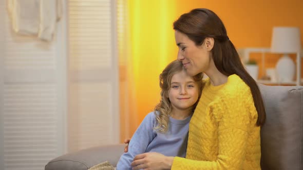 Beautiful Smiling Lady Hugging Happy Girl Both Looking to Camera, Template