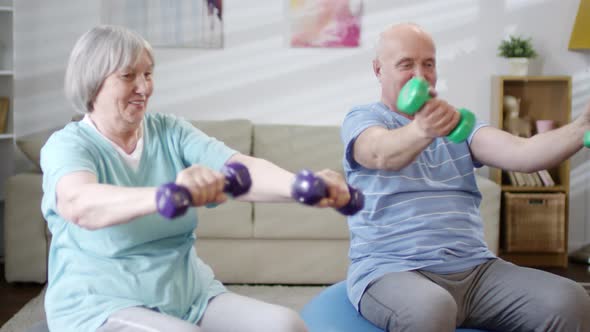 Elderly Couple Doing Dumbbell Wrist Twist on Exercise Balls