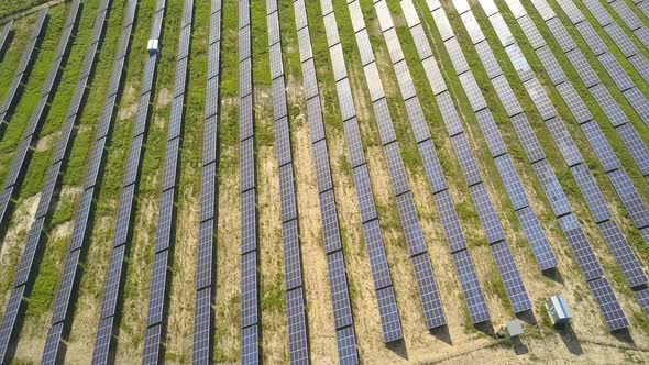 Aerial View of Solar Power Plant Field