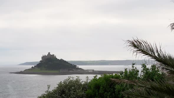 View from a terrace in Marazion of the english medieval castle and church of St Michael's Mount in C