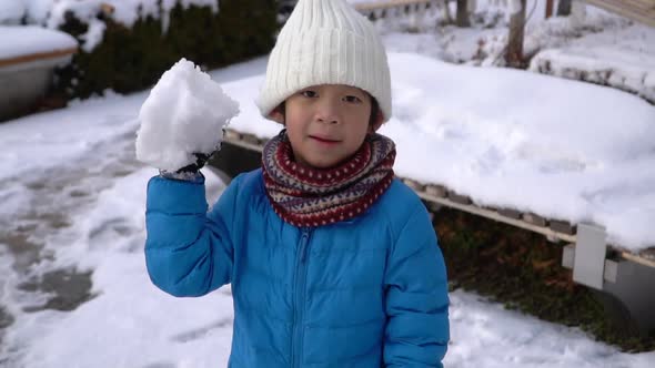Cute Asian Child Playing Snow In The Park