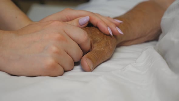 Granddaughter Holds and Comforts Hand of Her Grandmother in Medical Clinic. Daughter Gently Touches