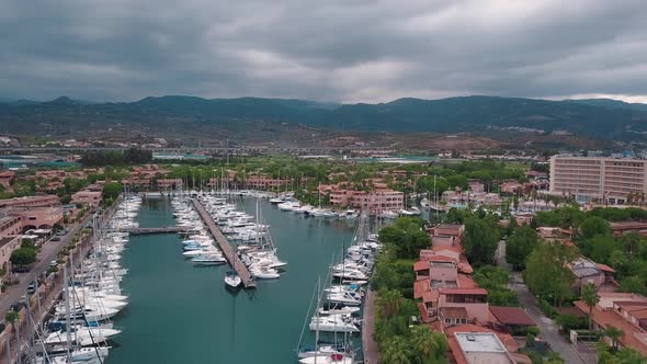 Aerial View on White Sailing Yachts and Boats at Lipari Islands. Sicily, Italy. Mountains and Cloudy