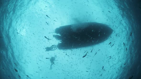 Unique silhouette perspective of a large boat with snorkelers swimming and floating in the clear blu