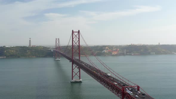 Elevated View of Long Red Cablestayed Bridge Over Tagus River