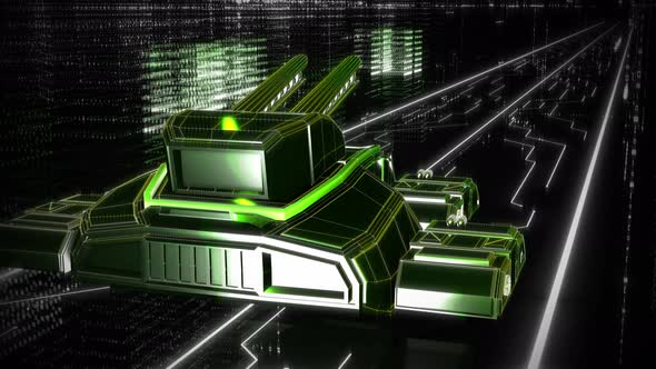 Neon Green Tank Vehicle In A Cyberspace Representing Data Security Tech