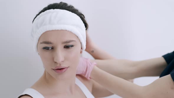 Portrait of Young Girl in White Hoop in Beauty Salon.