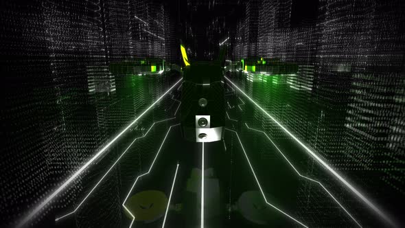 High-Tech Flying Vehicle Moving To Camera In Virtual-Reality Of Alternate World alt